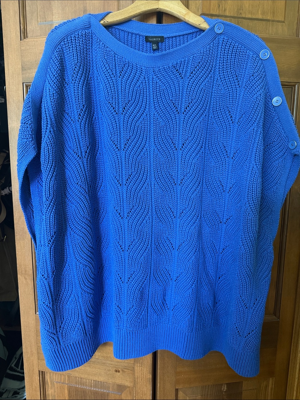 Talbots Bright Cobalt Blue Crewneck Sweater with Shoulder Buttons